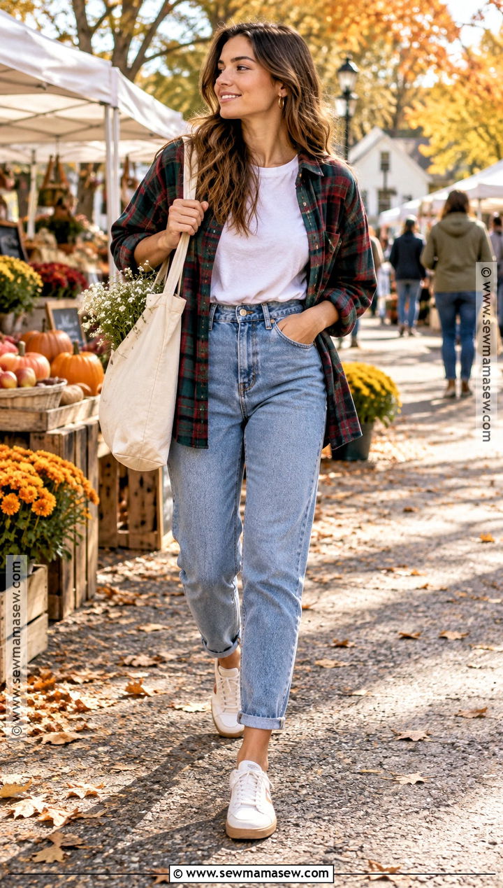 Mom Jeans With Flannel Shirt And Sneakers - 20 Fall Mom Jeans Outfit