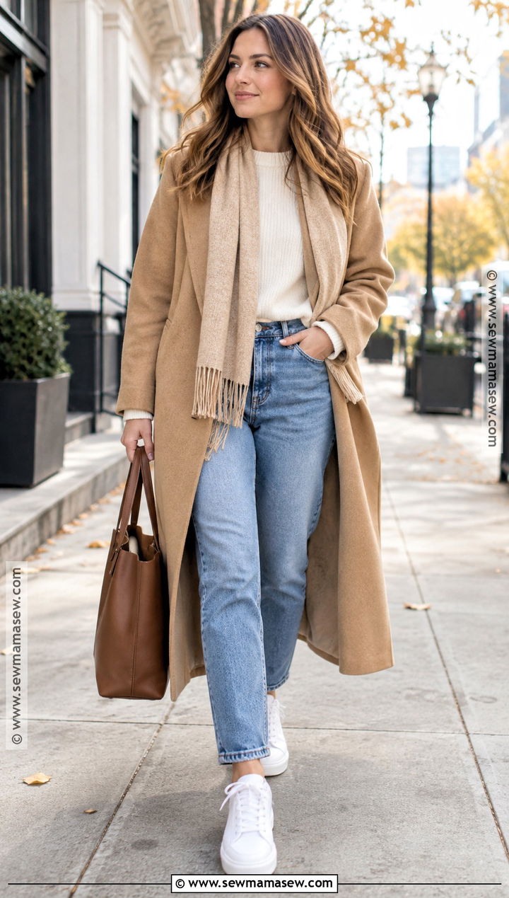 Mom Jeans With Long Wool Coat And Sneakers - 20 Fall Mom Jeans Outfit