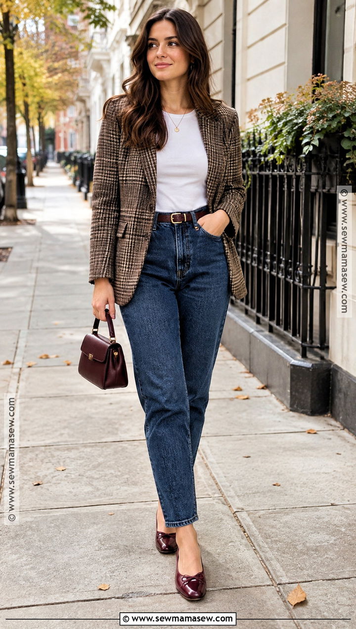Mom Jeans With Plaid Blazer And Ballet Flats - 20 mom jeans outfit fall