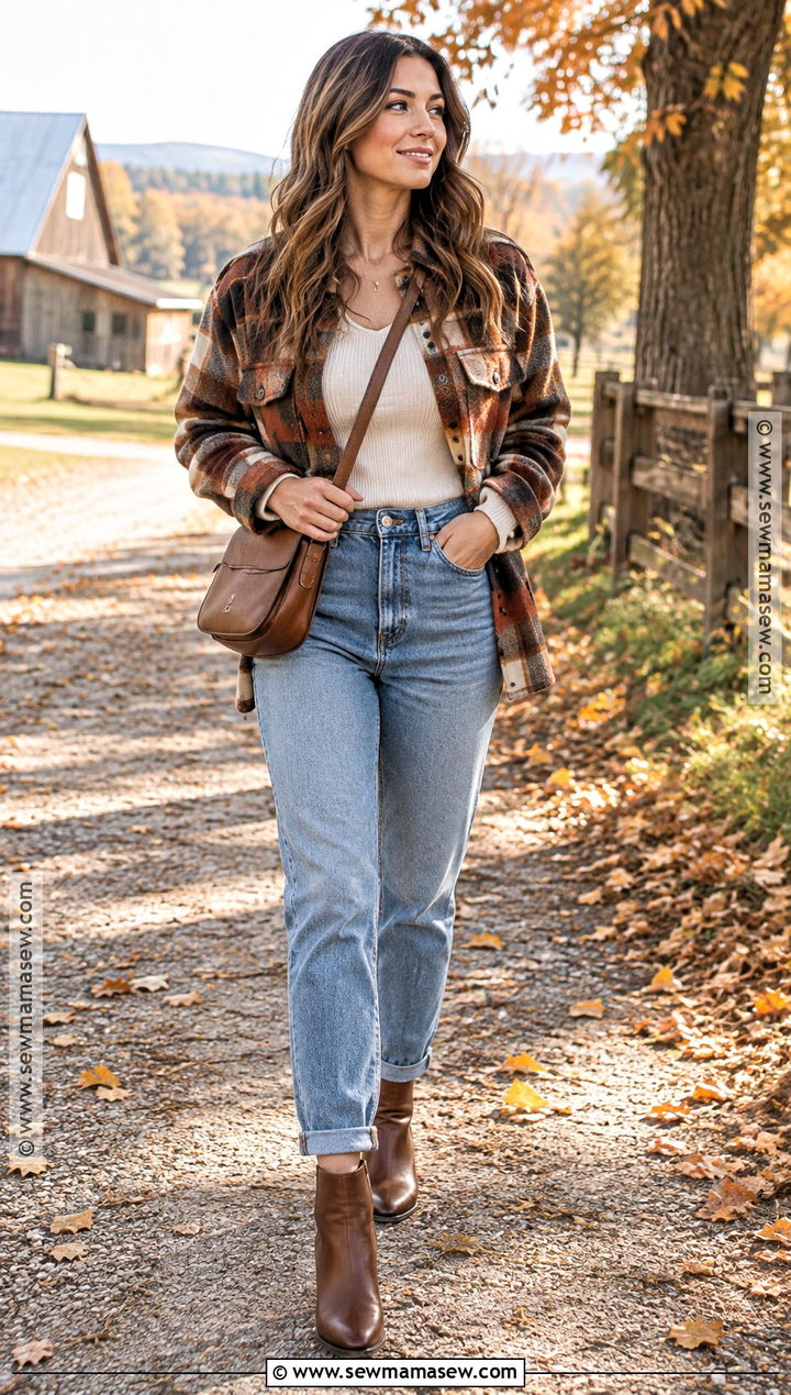 Mom Jeans With Plaid Shacket And Ankle Boots - 25 jeans outfit autumn