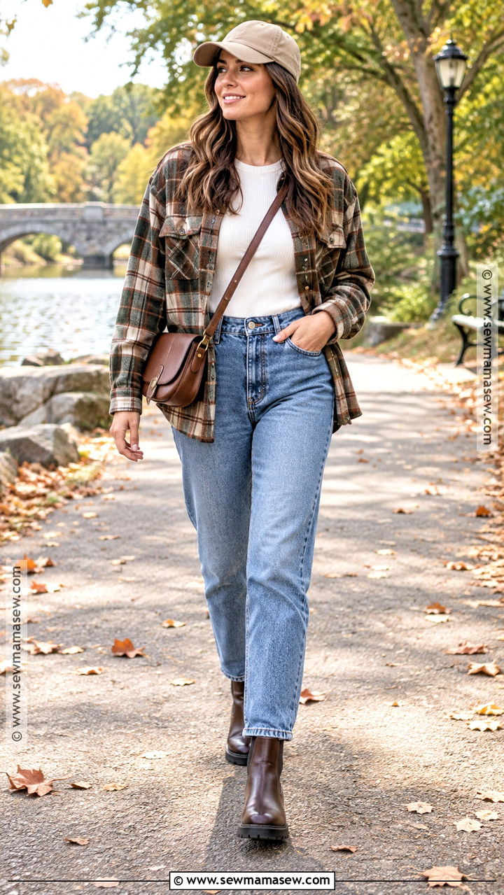 Mom Jeans With Plaid Shacket And Chelsea Boots - 20 Mom Jeans Autumn Outfit