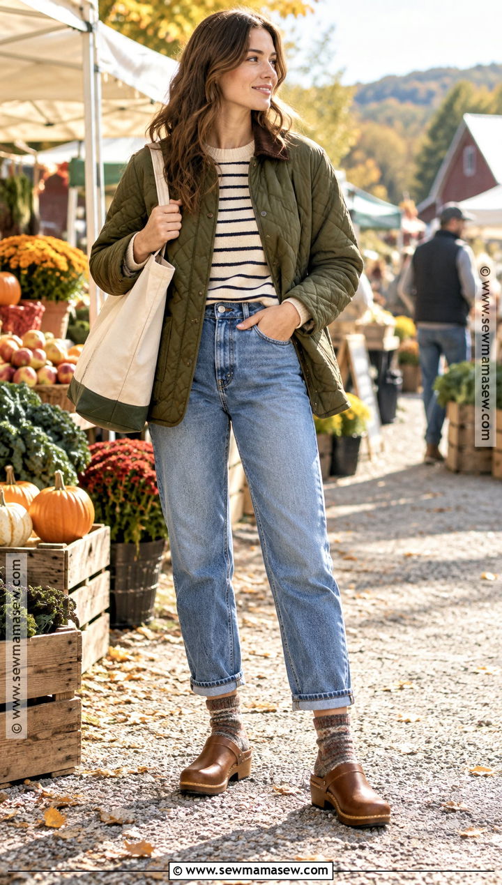 Mom Jeans With Quilted Jacket and Clogs - 20 cute fall outfits with jeans
