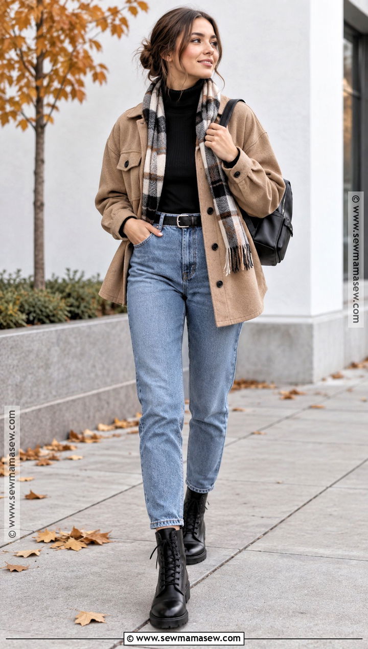 Mom Jeans With Shacket And Combat Boots - 20 mom jeans outfit fall