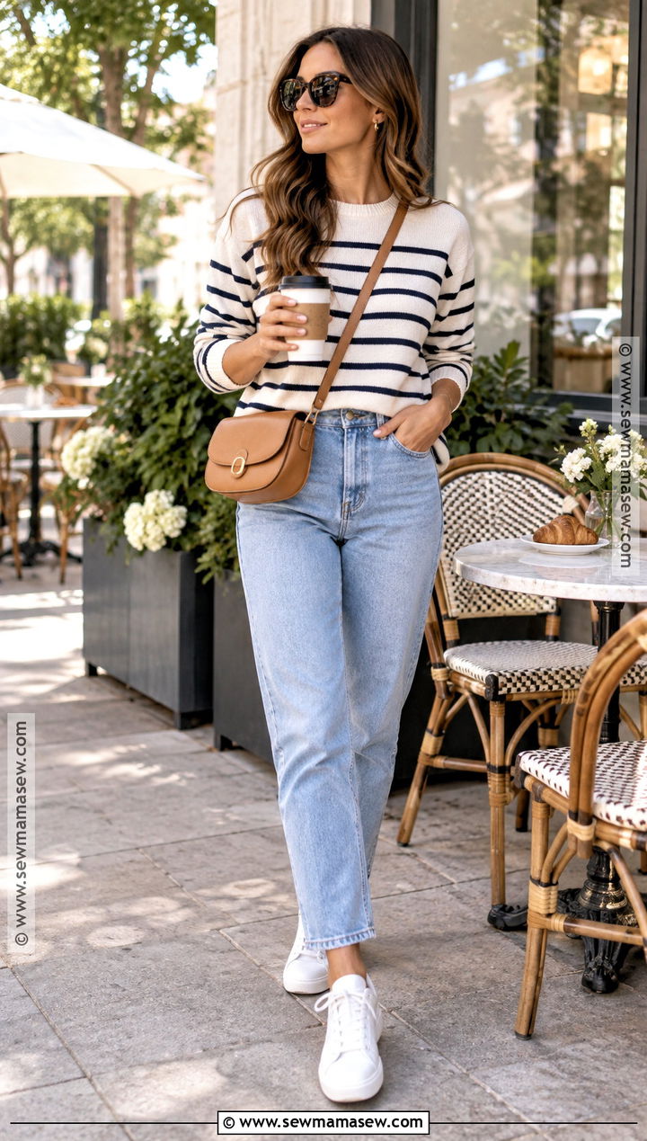 Mom Jeans With Striped Sweater And White Sneakers - 20 Fall Mom Jeans Outfit
