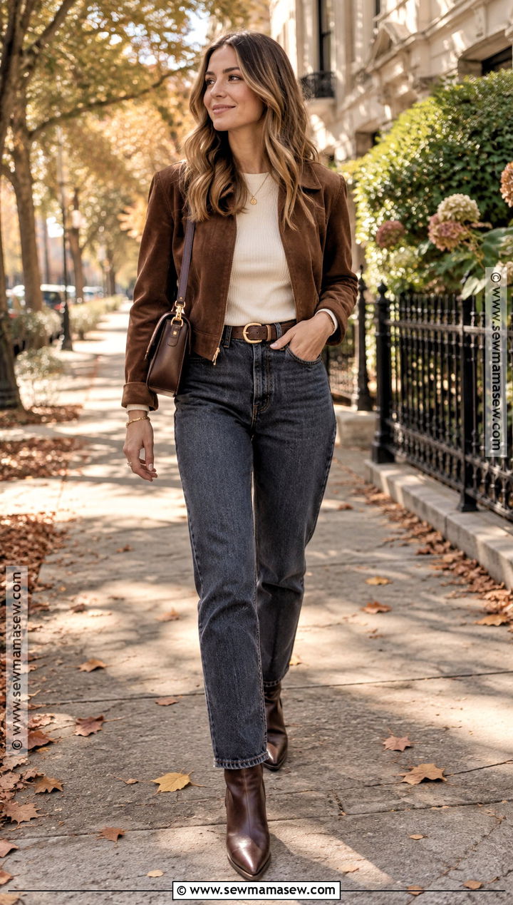 Mom Jeans With Suede Jacket And Western Boots - 20 Fall Mom Jeans Outfit