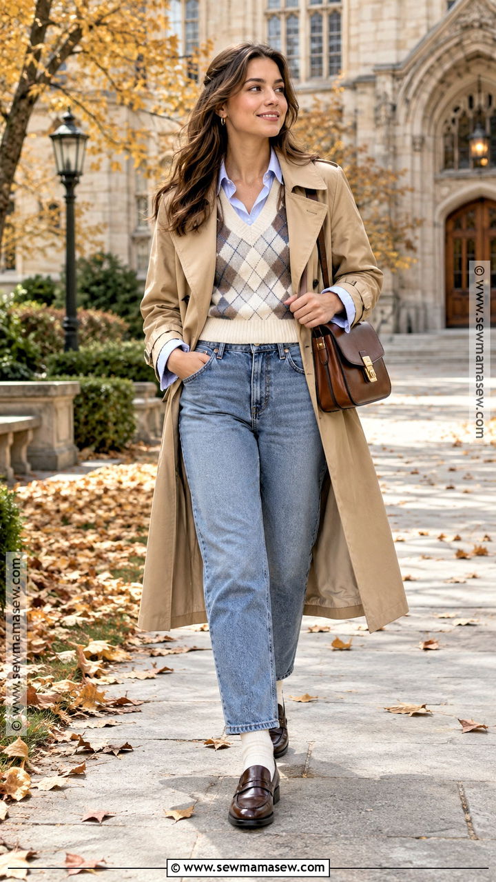 Mom Jeans With Sweater Vest And Oxford Shirt - 20 Mom Jeans Autumn Outfit