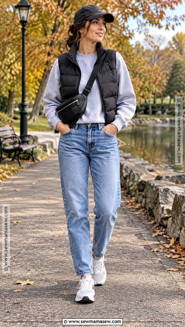 Mom Jeans With Sweatshirt And Puffer Vest - 20 Fall Mom Jeans Outfit