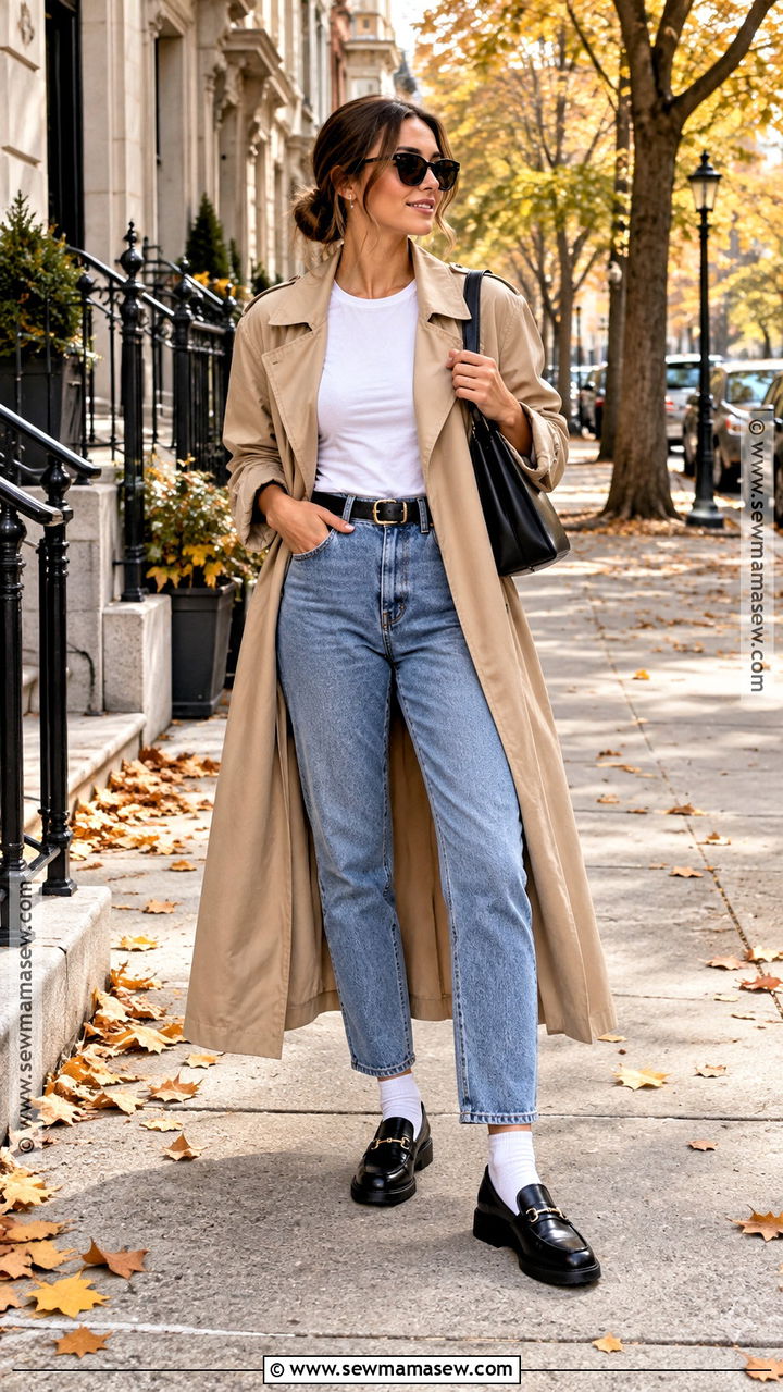 Mom Jeans With Trench Coat And Loafers - 20 Mom Jeans Autumn Outfit