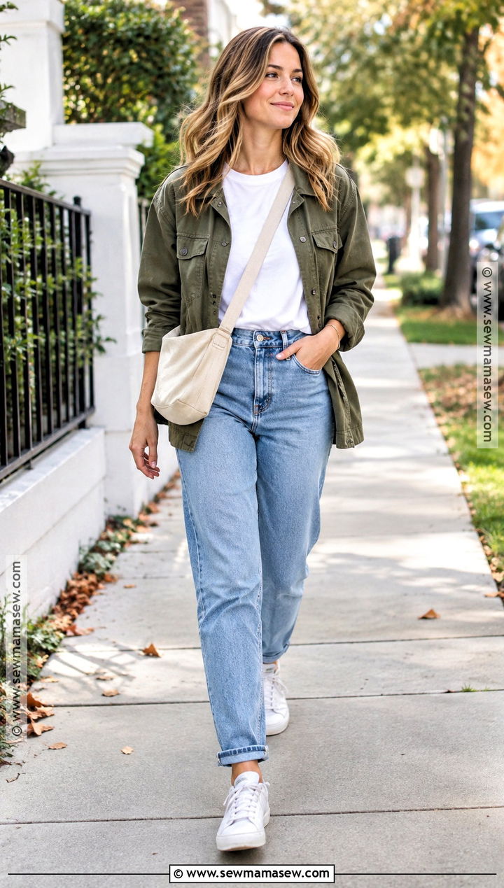 Mom Jeans With Utility Jacket And Sneakers - 25 jeans fall outfit