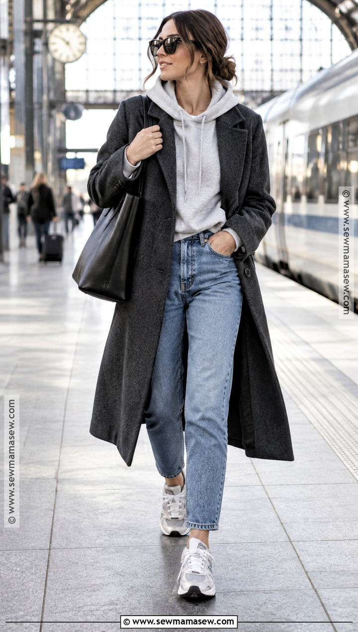 Mom Jeans With Wool Coat And Hoodie - 20 mom jeans outfit fall