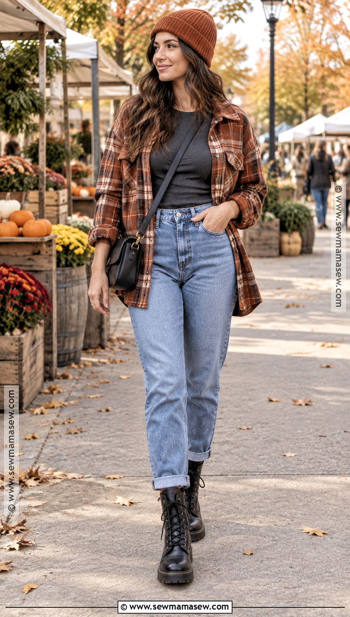 Mom Jeans With a Shacket and Combat Boots - 25 fall denim outfits