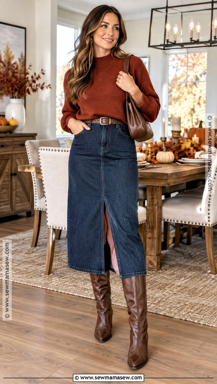 Mom Thanksgiving Denim Midi Skirt Outfit - 20 Mom Thanksgiving Outfit Ideas