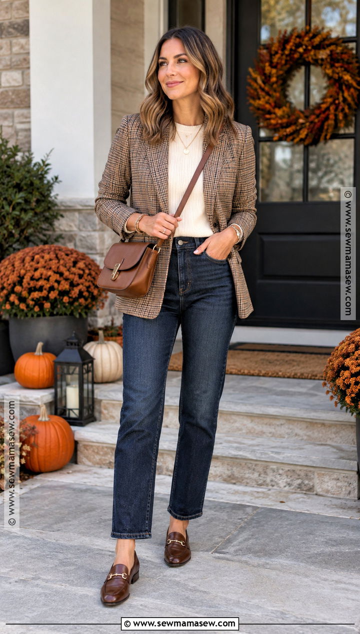 Mom Thanksgiving Jeans And Plaid Blazer Outfit - 20 Mom Thanksgiving Outfit Ideas