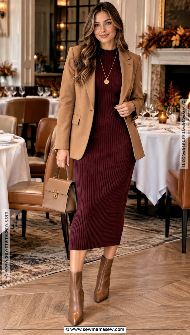 Mom Thanksgiving Knit Dress And Blazer Outfit - 20 Mom Thanksgiving Outfit Ideas