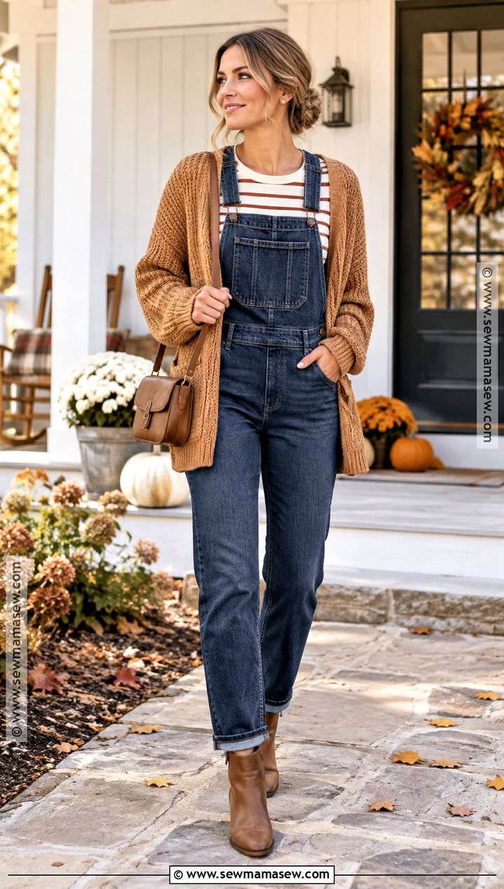 Mom Thanksgiving Overalls And Striped Shirt Outfit - 20 Mom Thanksgiving Outfit Ideas