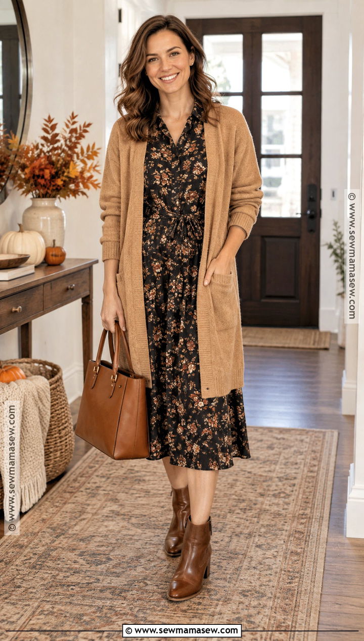 Mom Thanksgiving Shirt Dress And Cardigan Outfit - 20 Mom Thanksgiving Outfit Ideas