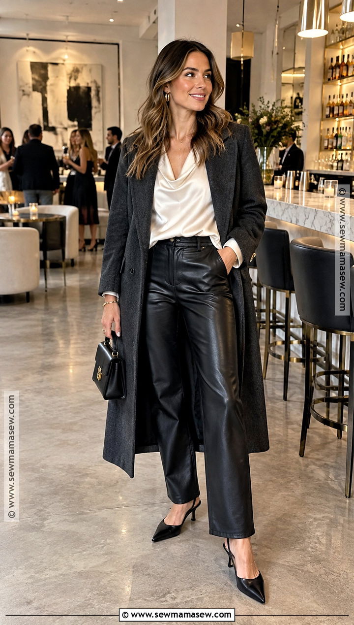 Moms Night Out Leather Pants And Draped Blouse Outfit - 15 Moms Night Out Outfit Fall Ideas