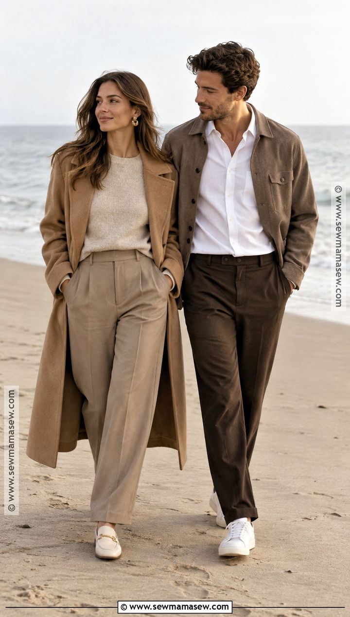 Monochrome Beige Beach Engagement Outfit - 15 fall beach engagement photos outfit ideas
