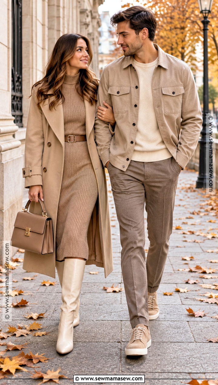 Monochrome Beige Couple Autumn Outfit - 15 couples autumn outfits