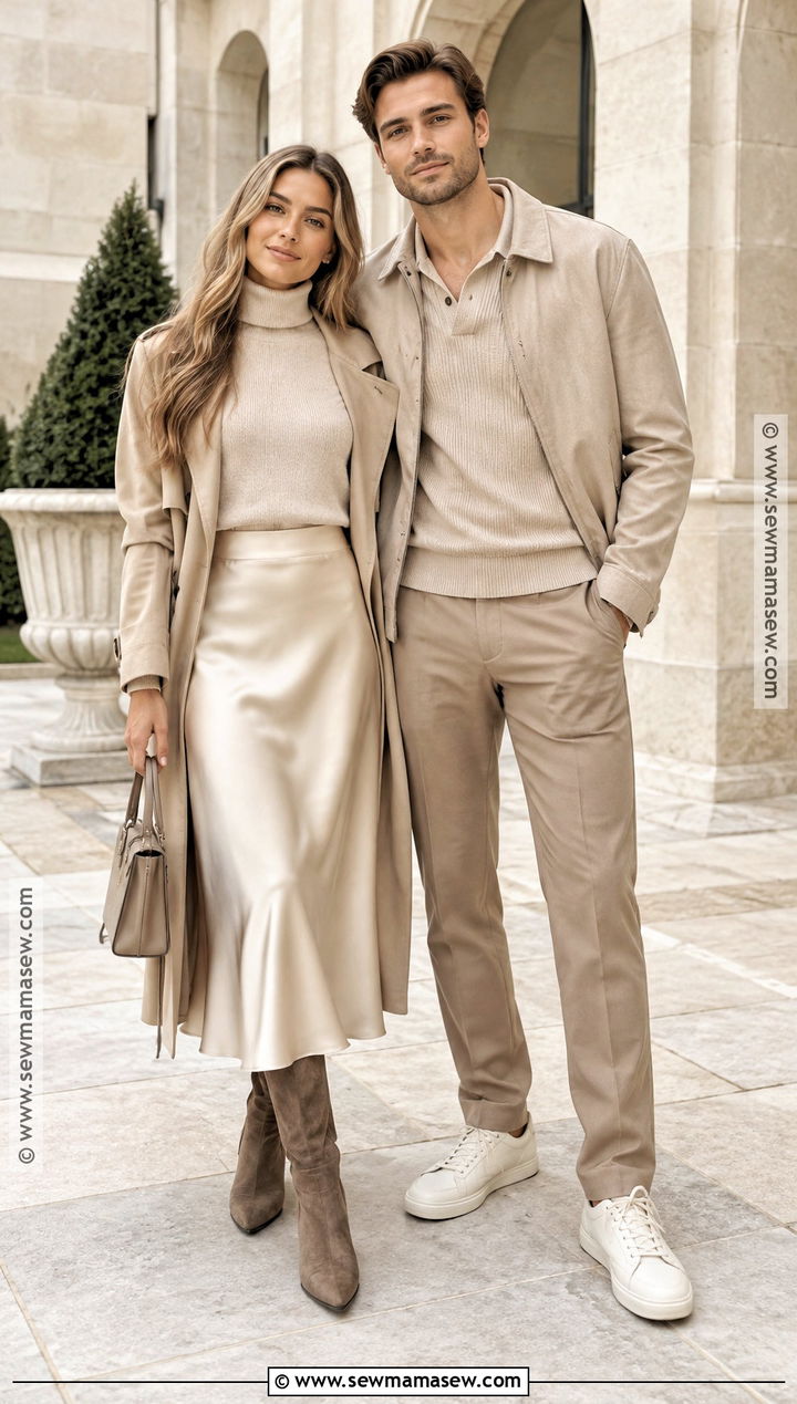 Monochrome Beige Couple Fall Outfit - 20 cute couple fall outfits
