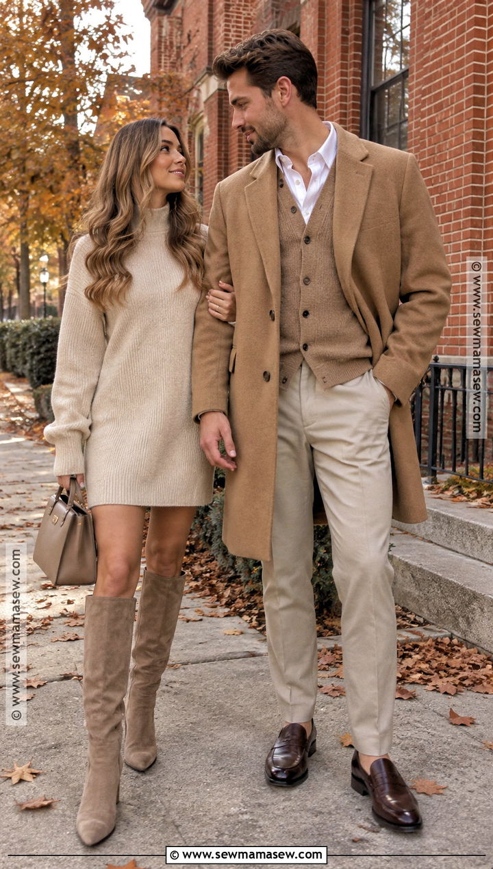 Monochrome Beige Couple Outfit - 15 Couple Picture Outfit Ideas Fall