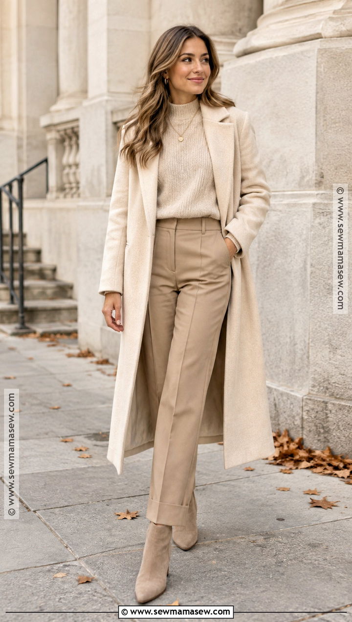 Monochrome Beige Engagement Photo Outfit - 15 fall outfits women engagement photos