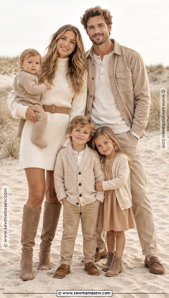 Monochrome Beige Fall Beach Family Photo Outfits - 20 fall beach family photos outfits