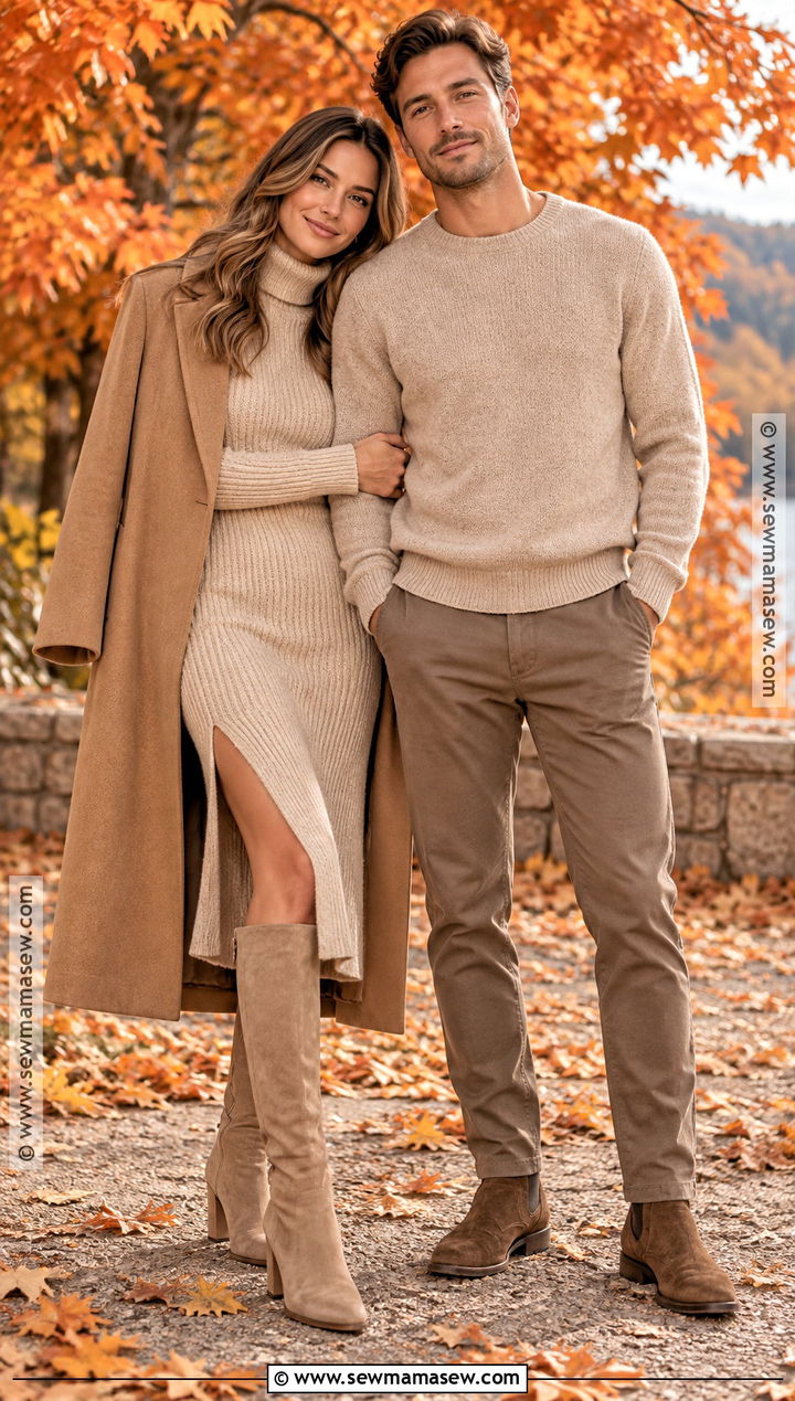 Monochrome Beige Fall Couple Outfit - 25 fall photo shoot outfits for couples