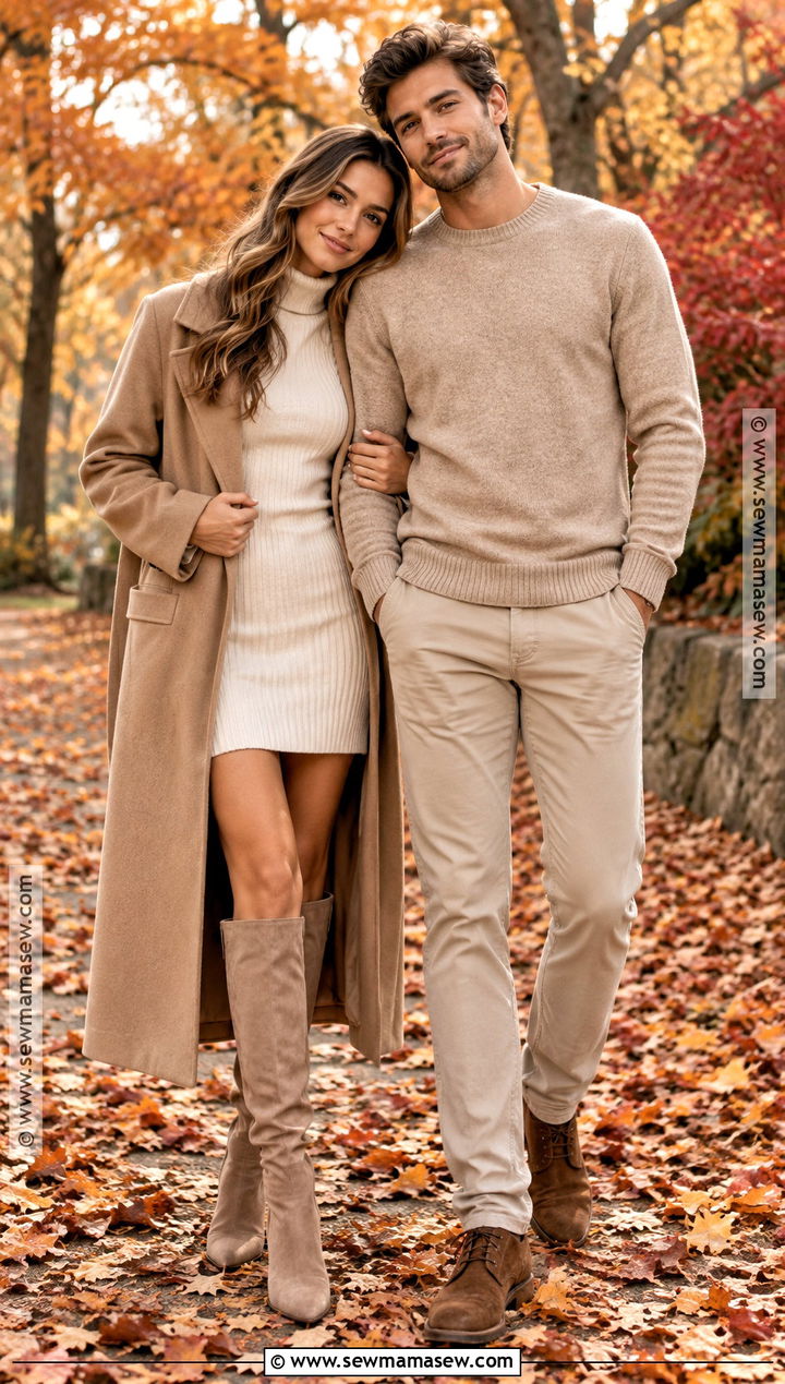 Monochrome Beige Fall Couple Photo Outfit - 20 fall couple photos outfits