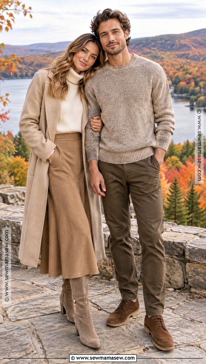 Monochrome Beige Fall Couples Photo Outfit - 20 Fall Outfits Couples Photo Ideas