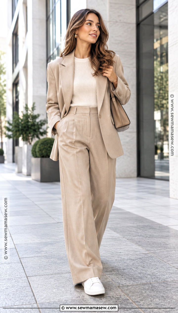 Monochrome Beige Suit With Sneakers Outfit - 25 autumn outfits 2026 trends