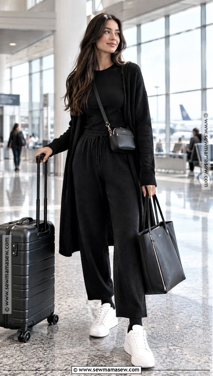 Monochrome Black Layers With White Sneakers - 15 travel outfit plane fall ideas