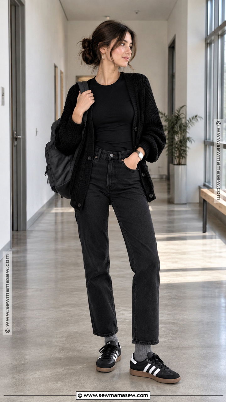 Monochrome Black Outfit With Sambas - 20 back to school outfits with sambas