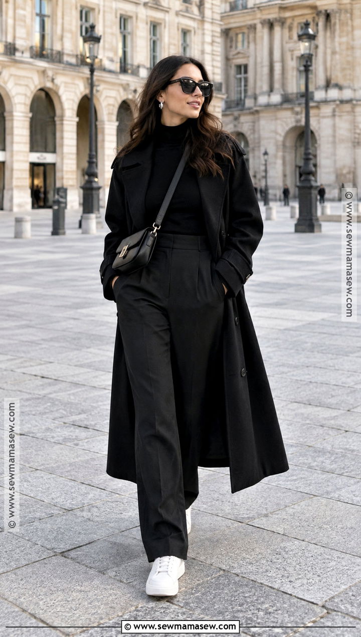 Monochrome Black Outfit With White Sneakers - 20 fall europe outfits travel wardrobe