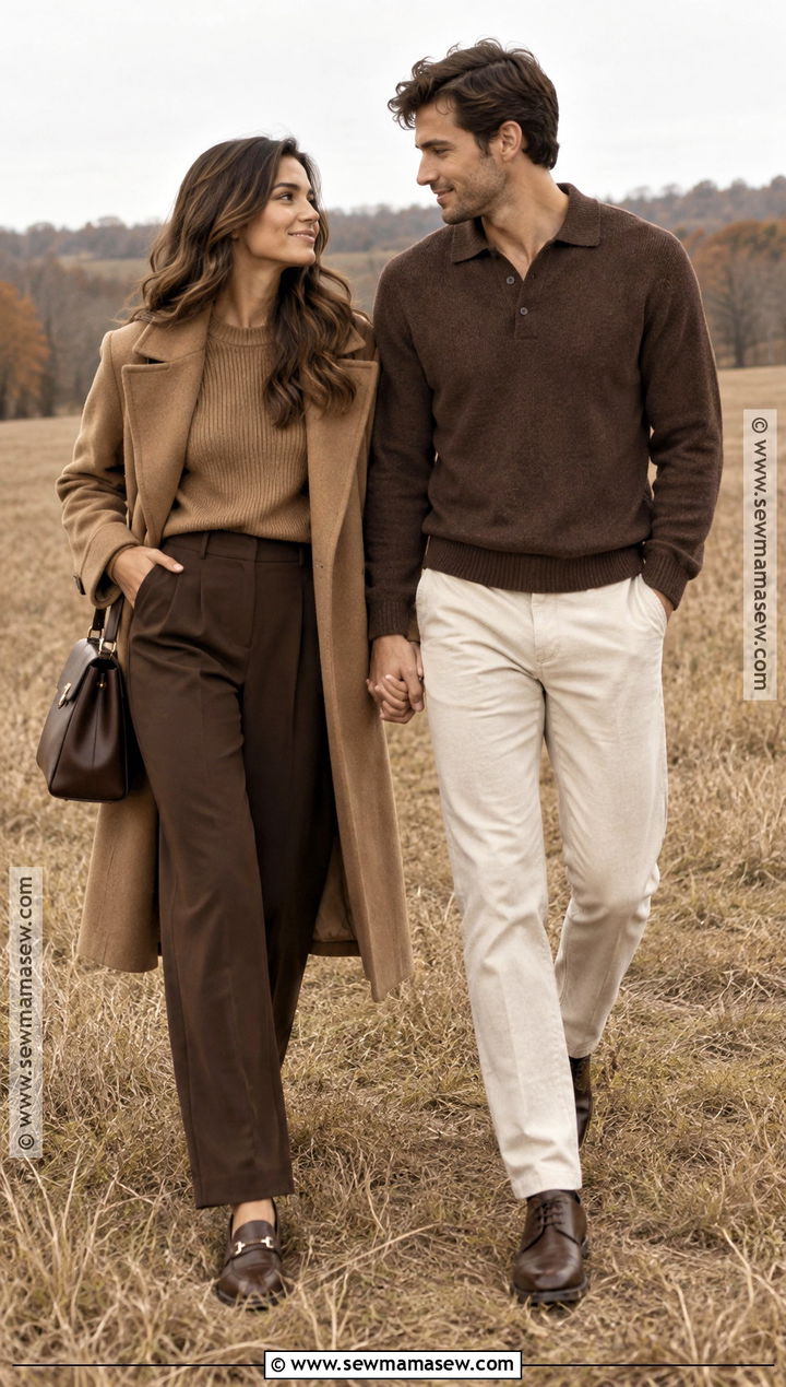 Monochrome Brown Engagement Outfit - 15 engagement photoshoot outfit fall ideas