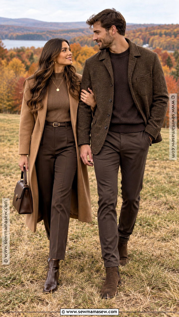 Monochrome Brown Fall Engagement Photoshoot Outfit - 15 engament photoshoot outfit fall ideas