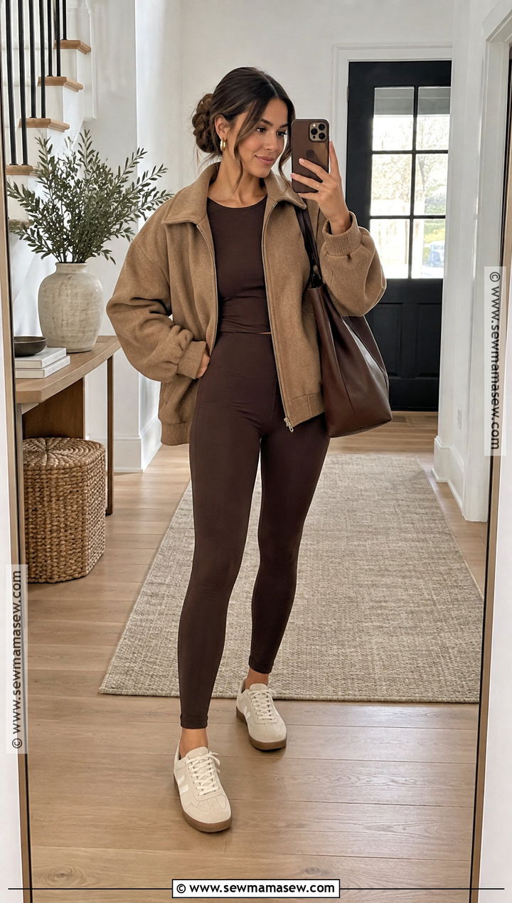 Monochrome Brown Leggings Outfit With Suede Sneakers - 15 fall outfits 2026 leggings