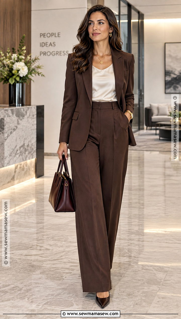Monochrome Brown Suit Office Autumn Outfit - 20 office autumn outfits