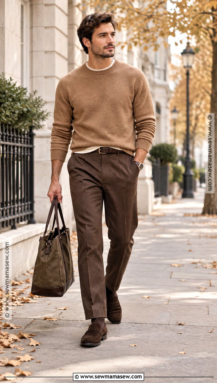 Monochrome Brown Sweater And Trousers Outfit - 25 fall fits for men