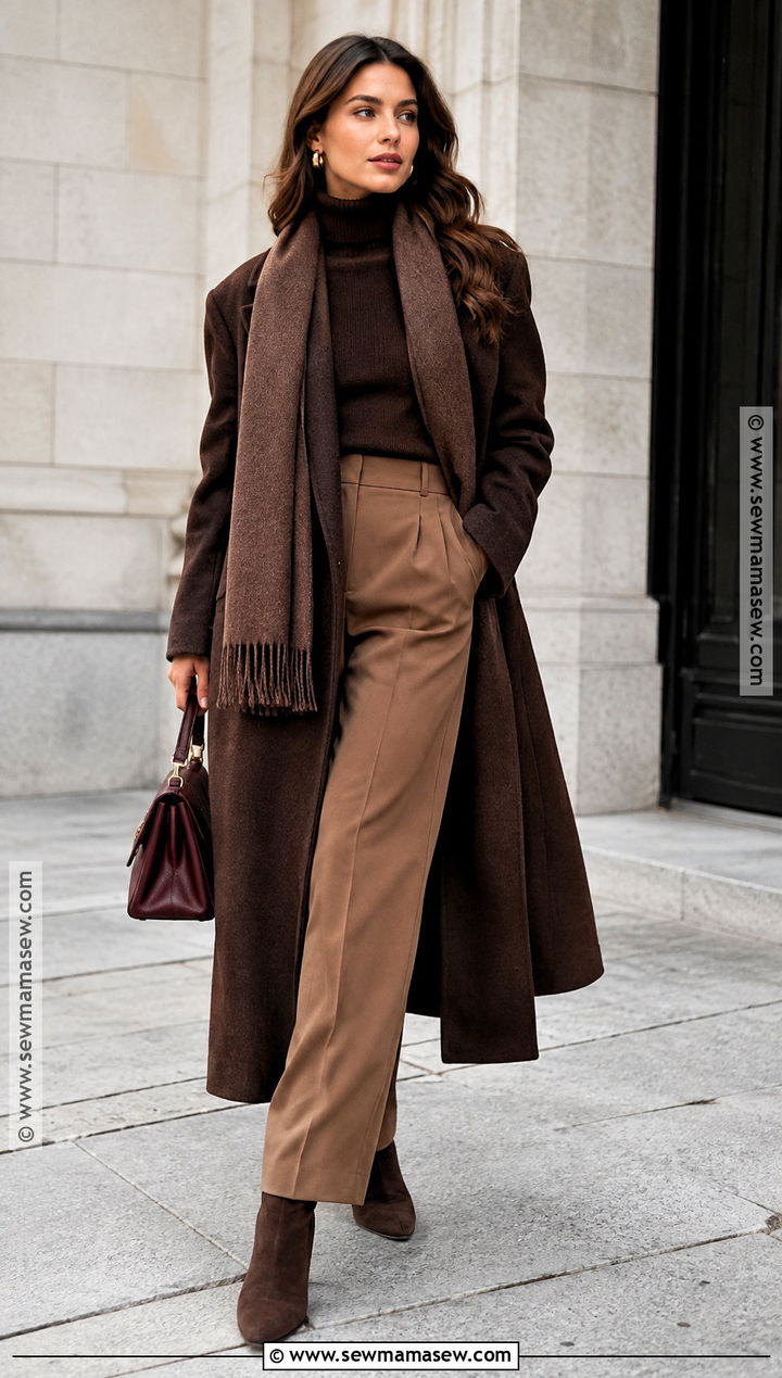 Monochrome Brown Sweater and Trousers Outfit - 20 winter inspo outfits fall street styles