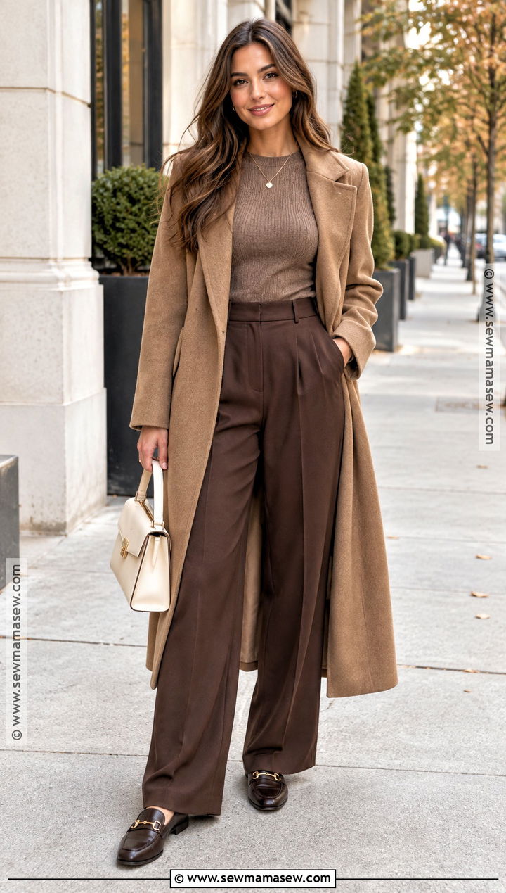 Monochrome Brown Trouser Outfit - 20 first date outfit autumn ideas