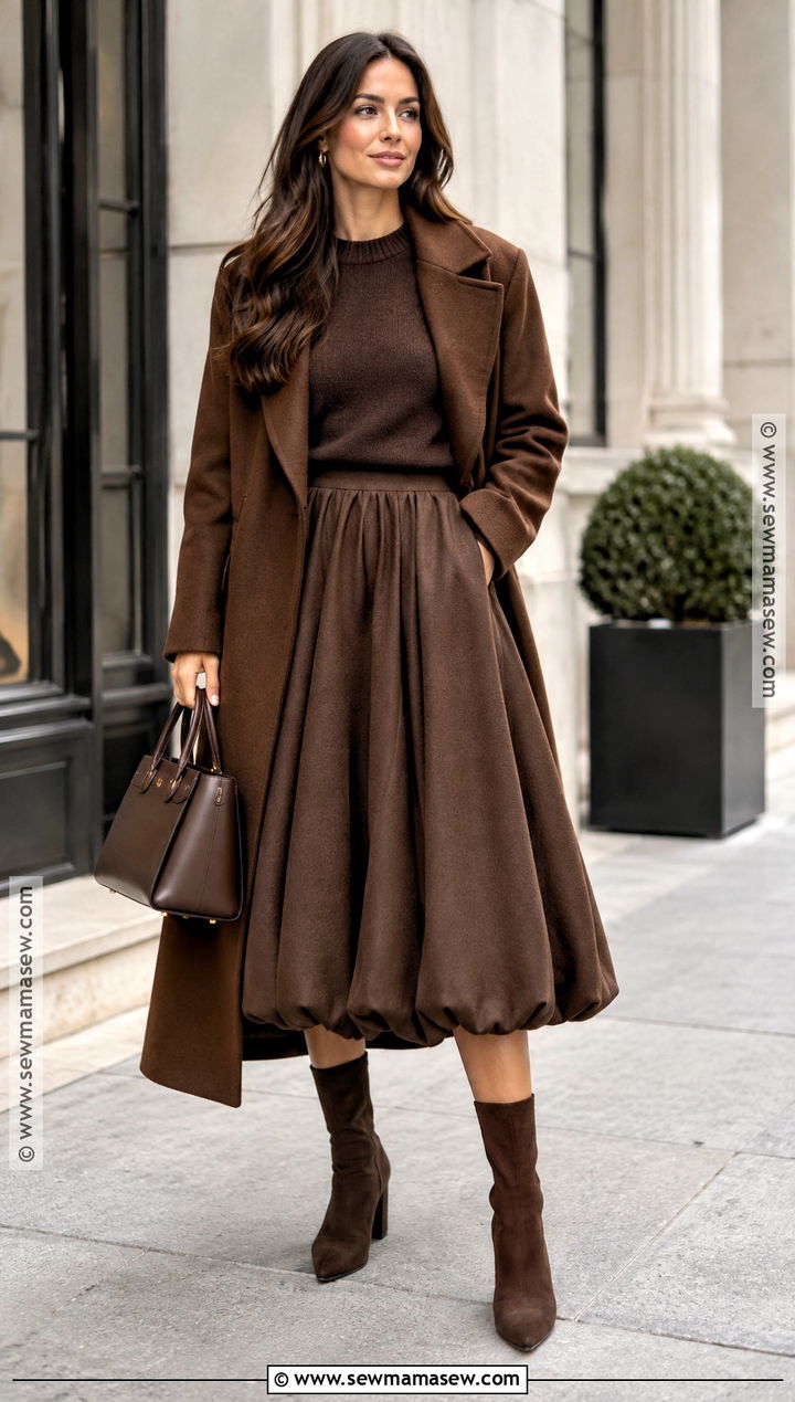 Monochrome Bubble Skirt With Sweater And Sock Boots - 15 fall bubble skirt outfit ideas