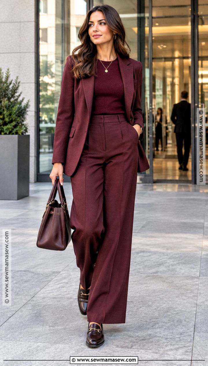 Monochrome Burgundy Office Outfit - 20 Fall Outfit Office Ideas