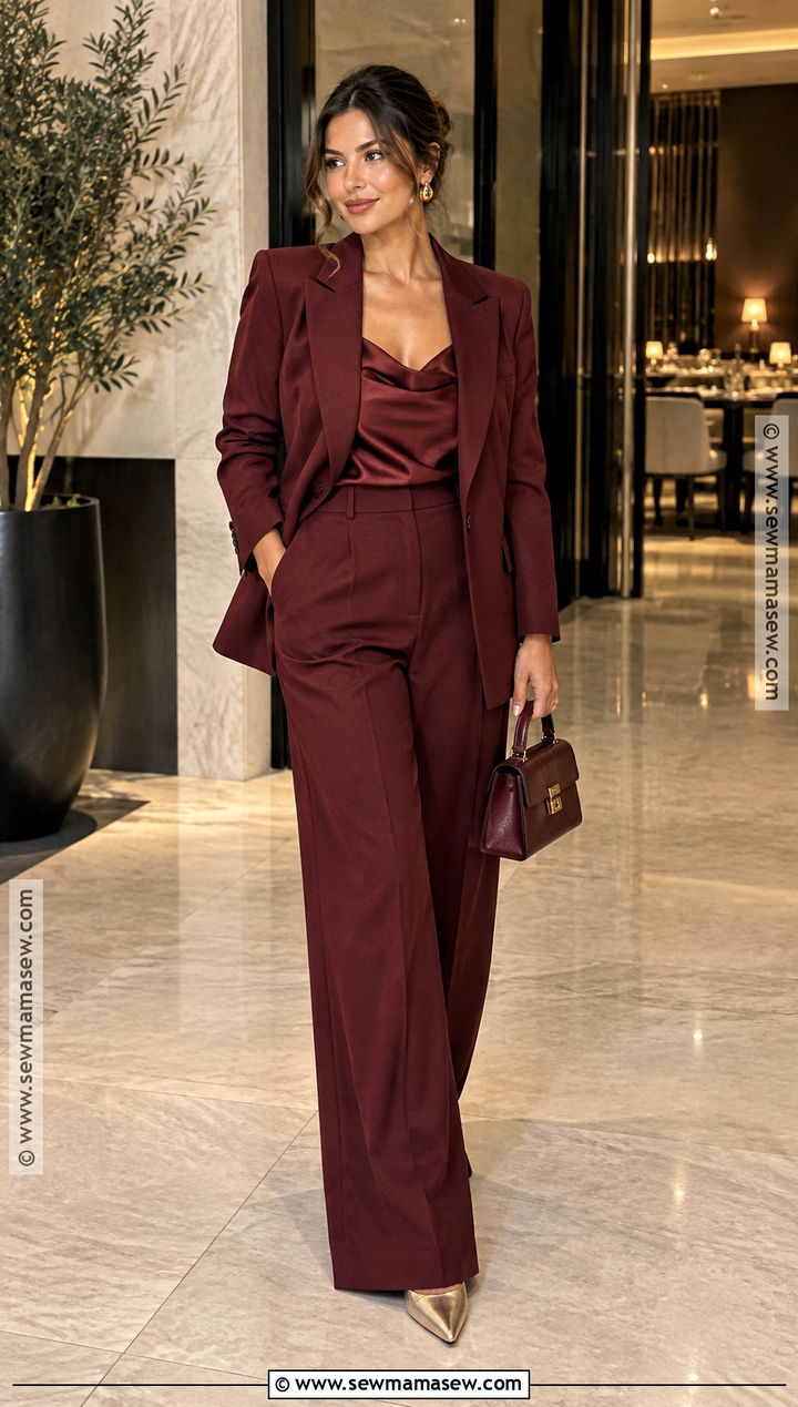 Monochrome Burgundy Pantsuit Birthday Dinner Outfit - 20 fall birthday dinner outfit ideas