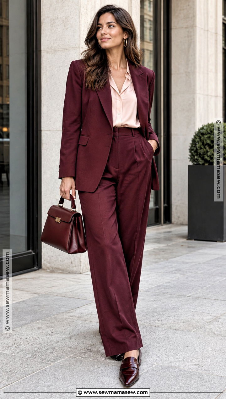 Monochrome Burgundy Suit Fall Outfit - 15 creative fall outfits