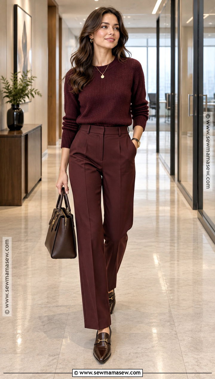 Monochrome Burgundy Sweater and Trousers Outfit - 15 fall business casual outfits for women 2026