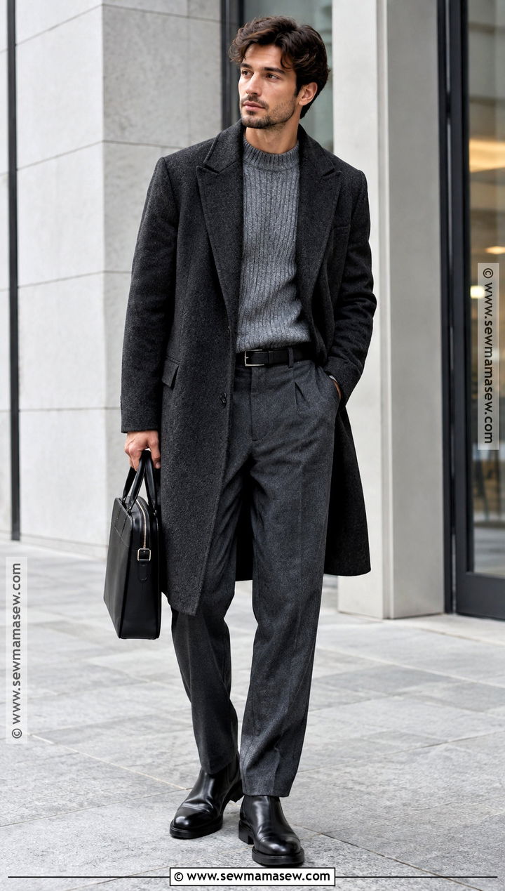 Monochrome Coat With Sweater And Trousers - 20 fall winter outfits for men