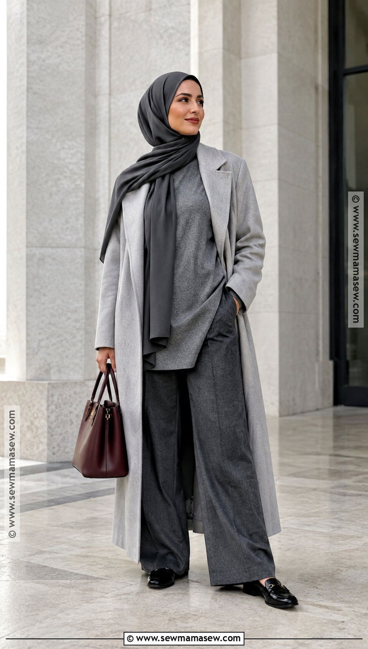 Monochrome Gray Hijab Outfit With Long Coat - 25 fall hijab outfits