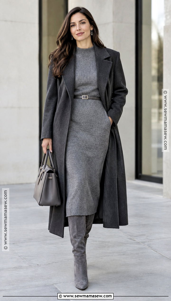 Monochrome Gray Knit Dress Fall Outfit - 15 fall womens outfits 2026 dressy