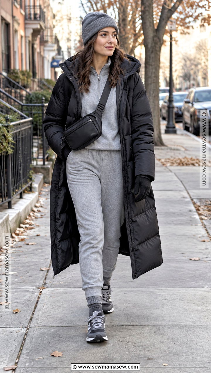 Monochrome Gray Set And Long Puffer Coat Athleisure Outfit - 15 womens athleisure outfits fall